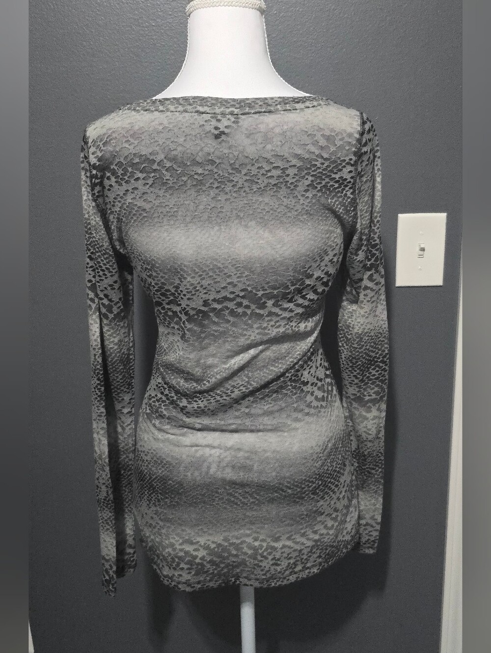 Express Gray Snake-Print Long Sleeve Scoop Neck Top Semi-sheer - Picture 2 of 6
